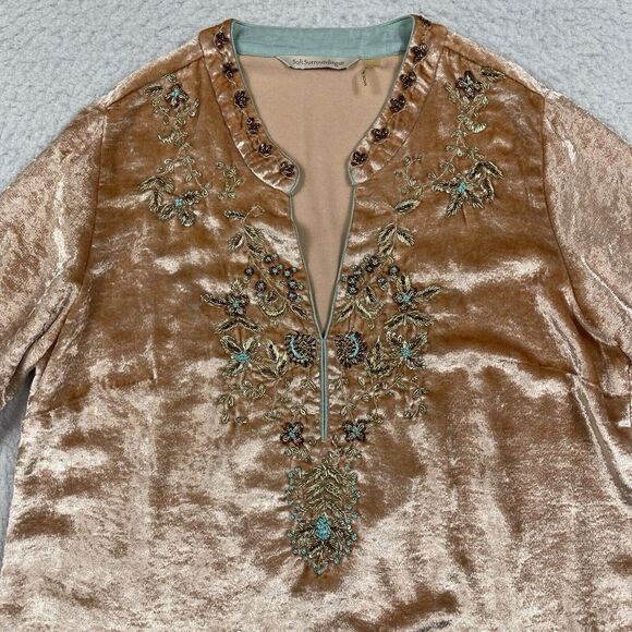 Soft Surroundings Shirt Womens XS Pink Velvet Embroidered Beaded Moroccan‎ Tunic - Picture 3 of 10